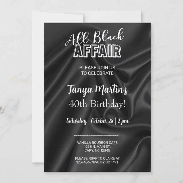 Invitation All Black Affair adult woman birthday invitation. (Devant)