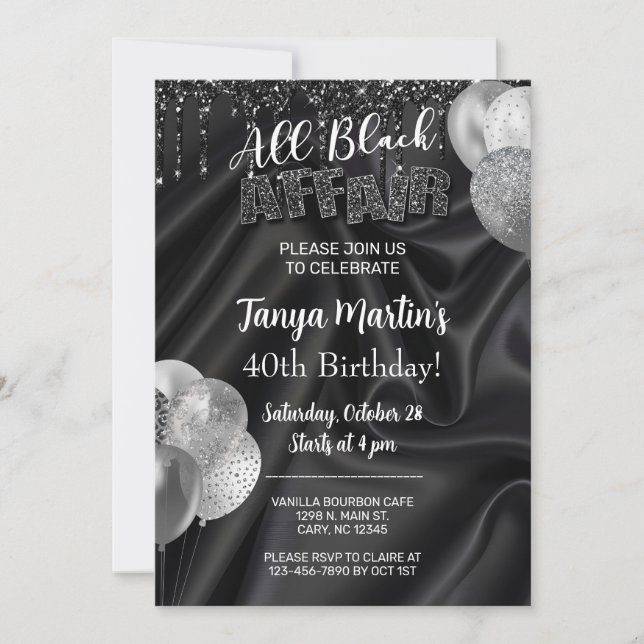 Invitation All Black Affair adult woman birthday invitation. (Devant)
