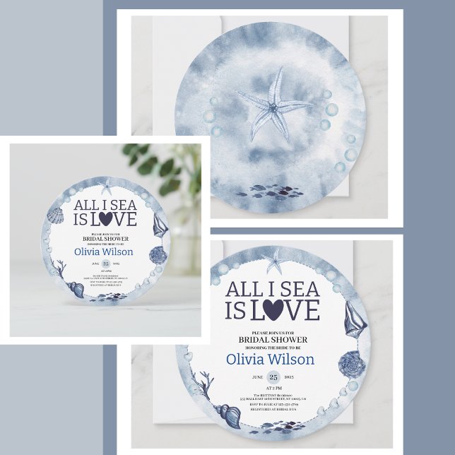 Invitation All I Sea Is Love Nautical Bridal Shower Seashell  (All I Sea Is Love Nautical Bridal Shower Seashell Invitation navy blue, light blue, and soft white)