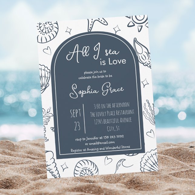 Invitation All I Sea is Love Navy Blue Seashells Doodles  (Créateur téléchargé)
