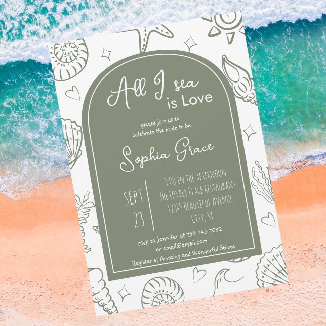 Invitation All I Sea is Love Sage Green Doodles Bridal Shower (Créateur téléchargé)