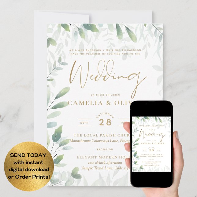 Invitation All-in-1 Classic Greenery Gold Mariage QRCode RSVP (Créateur téléchargé)