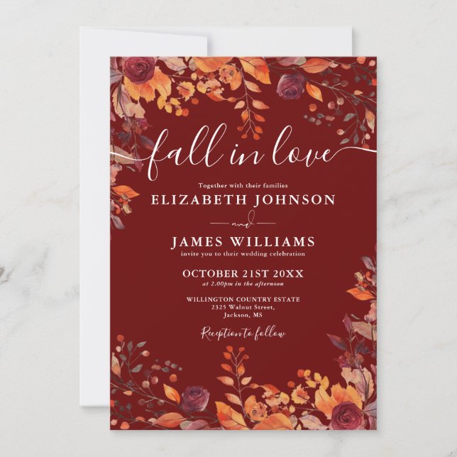 Invitation All In One Burgundy Fall In Love Floral Wedding (Devant)