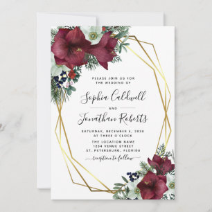 Invitation All in One Burgundy Floral Gold Winter Wedding