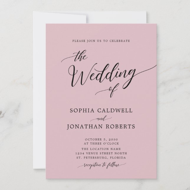Invitation All in One Calligraphie Chic Dusty Mariage Rose (Devant)