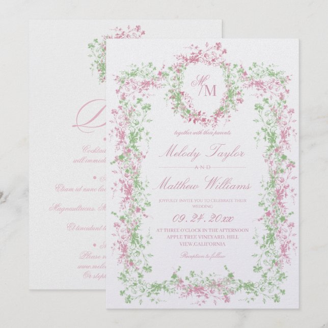 Invitation All in One Delicate Blush and Sage Ornate Wedding (Devant / Derrière)