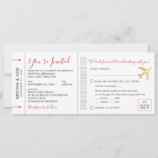 Invitation All-In-One du Mariage de carte d'embarq (Devant)
