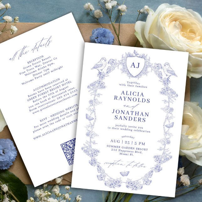 Invitation All in one dusty blue French floral wedding (Créateur téléchargé)