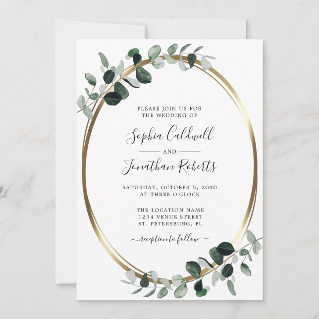Invitation All in One Eucalyptus Verdure et Mariage d'or (Devant)