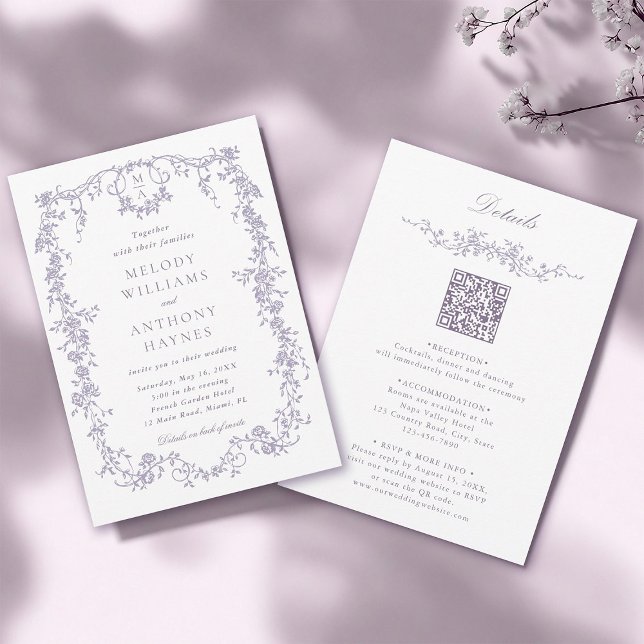 Invitation All in One French Victorian Lavender Wedding  (Front & Back)
