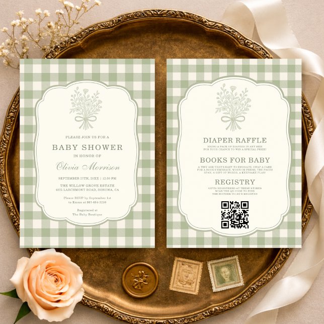Invitation All in One Gingham Floral Bow Baby Shower (Créateur téléchargé)