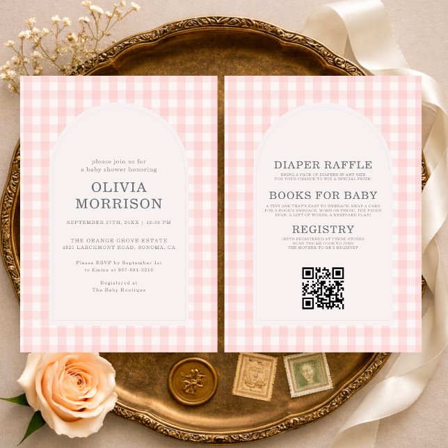 Invitation All in One Gingham Pink Girl Baby Shower (Créateur téléchargé)