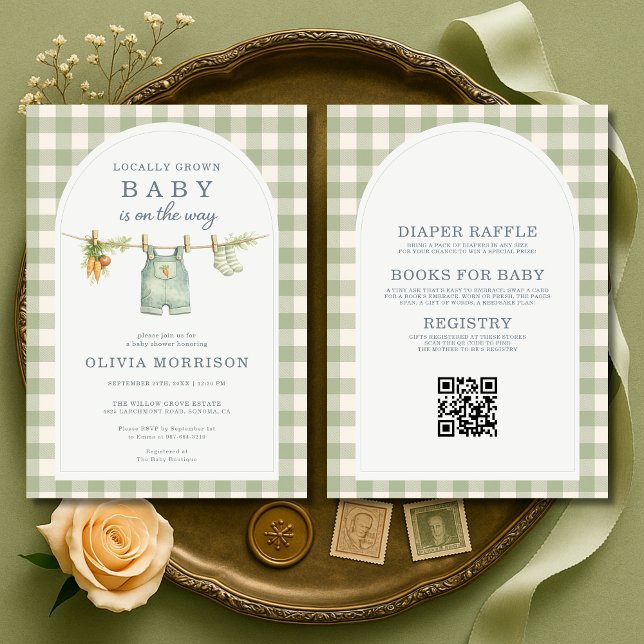 Invitation All in One Green Gingham Locally Grown Baby Shower (Créateur téléchargé)