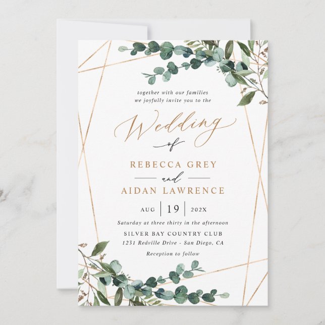 Invitation All-In-One Greenery Gold Geometric QR Code Wedding (Devant)