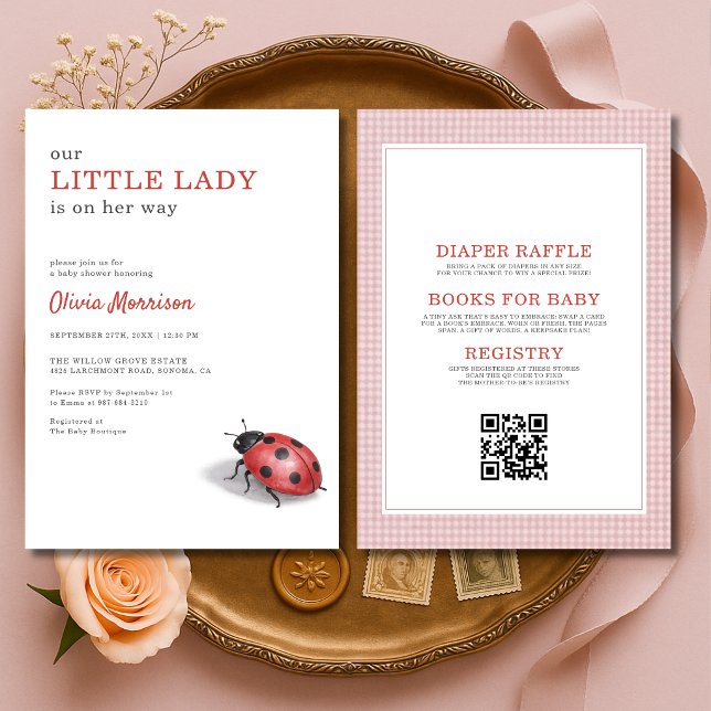 Invitation All in One Ladybug Gingham Baby Shower (Créateur téléchargé)