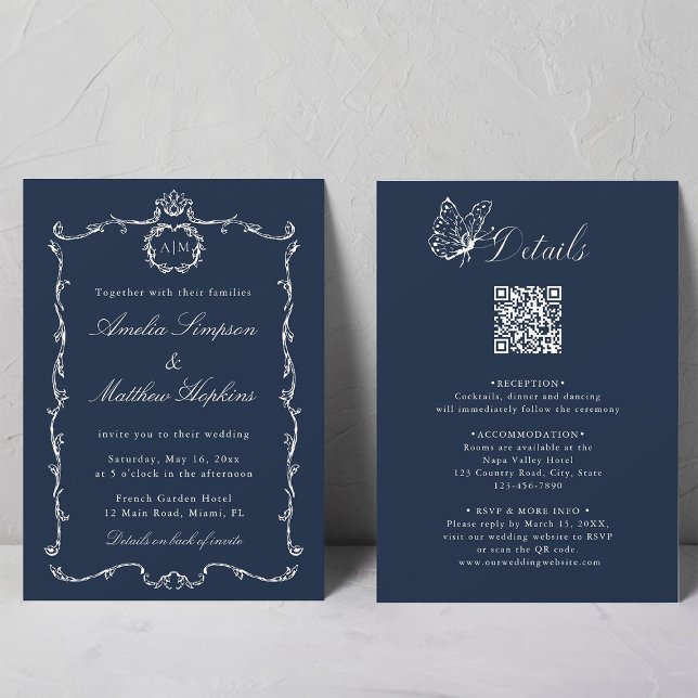 Invitation All in One Modern Classic French Wedding Navy Blue (Front & Back)