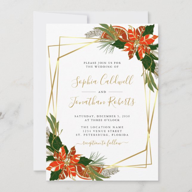 Invitation All in One Moderne Poinsettia Gold Winter Wedding (Devant)