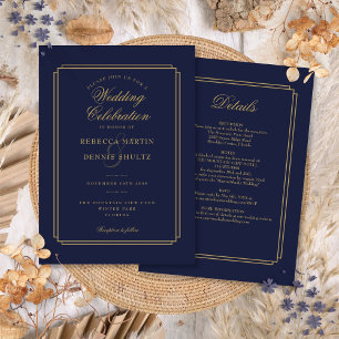 Invitation All In One Navy Blue and Gold Art Deco Mariage