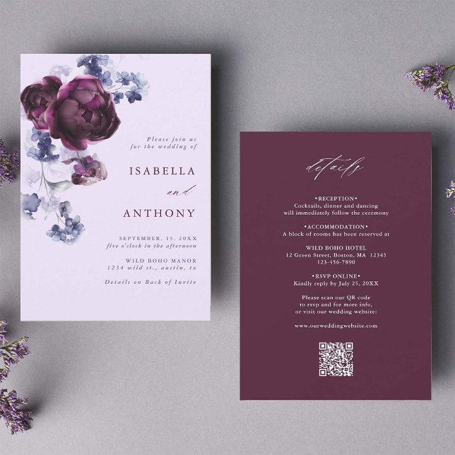 Invitation All In One Plum Purple & Indigo Floral Mariage (Front & Back)