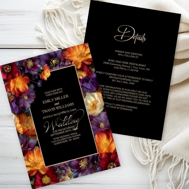 Invitation All in One Purple and Orange Floral Black Wedding (Créateur téléchargé)