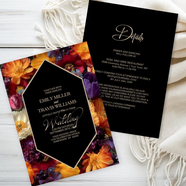 Invitation All in One Purple and Orange Floral Black Wedding (Créateur téléchargé)
