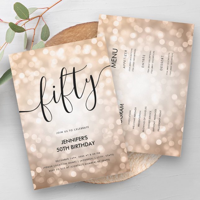 Invitation All In One Rose Gold Parties scintillant Lumières  (All In One Rose Gold Glitter Lights 50 Birthday Invitation)