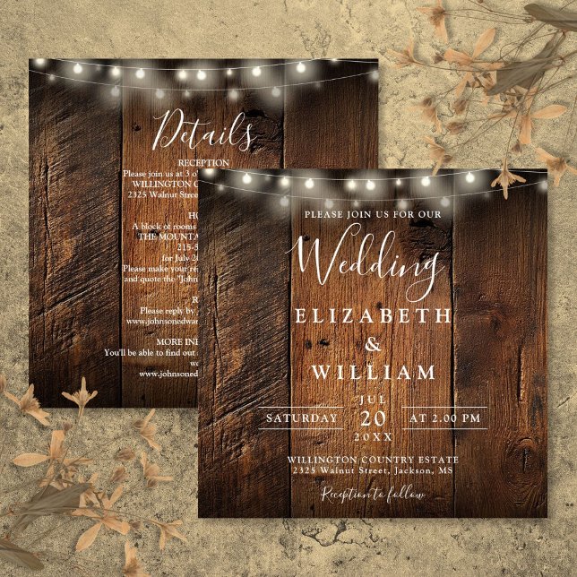 Invitation All In One Rustic Barn Wood String Lights Wedding (All In One Rustic Barn Wood String Lights Wedding Invitation)