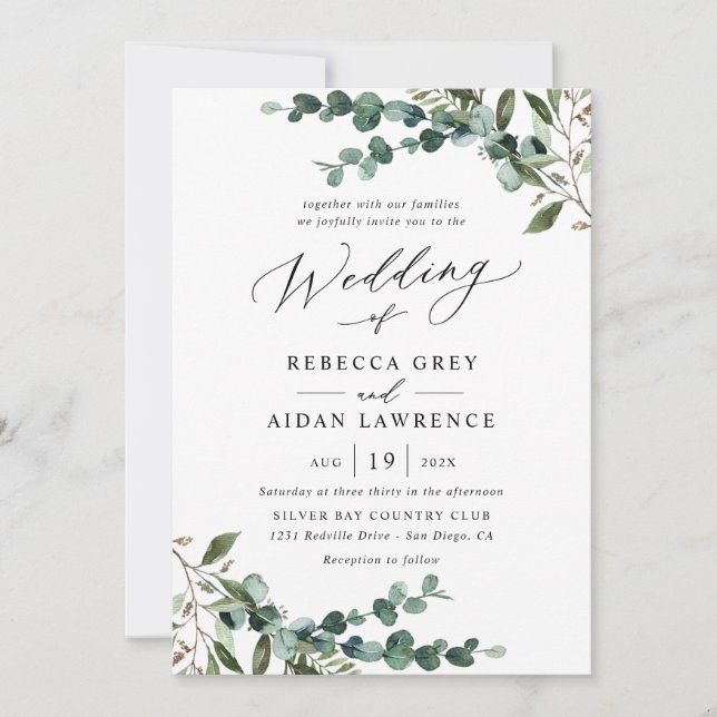 Invitation All-In-One Rustic Watercolor Greenery Wedding (Devant)