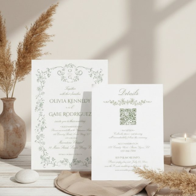 Invitation All in One Sage Green French Floral w QR Wedding (Créateur téléchargé)
