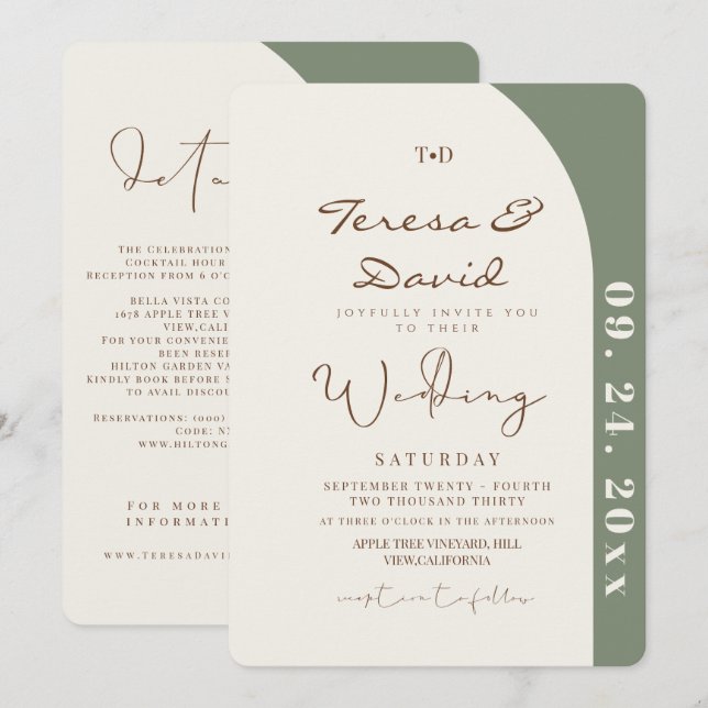 Invitation All in One Sage Green Modern  Wedding (Devant / Derrière)