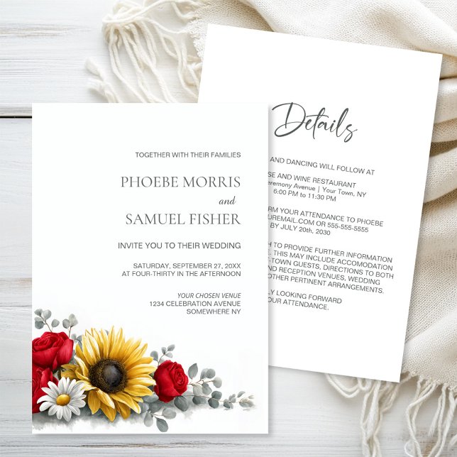 Invitation All in One Sunflower and Red Rose Floral Wedding (Créateur téléchargé)