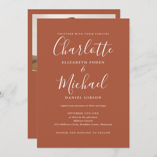 Invitation All In One Terracotta Chic Script Photo Mariage (Devant / Derrière)