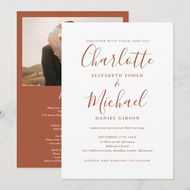 Invitation All In One Terracotta Chic Script Photo Mariage (Devant / Derrière)