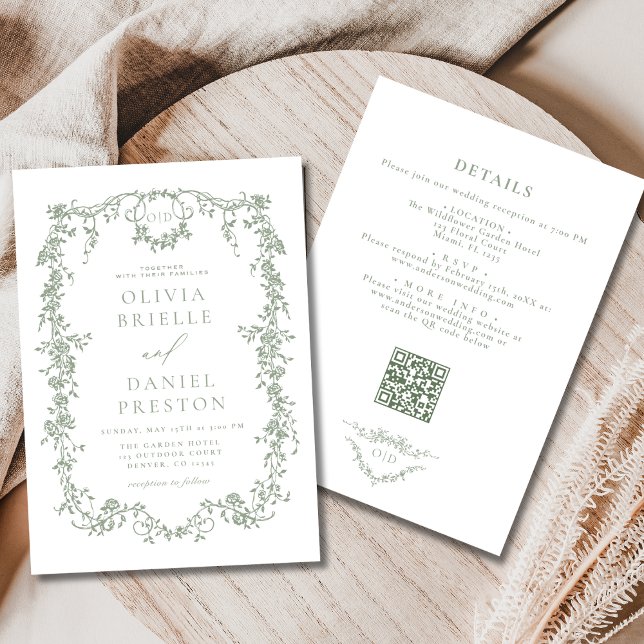 Invitation All In One Victorian Sage Green QR Code Mariage (Créateur téléchargé)
