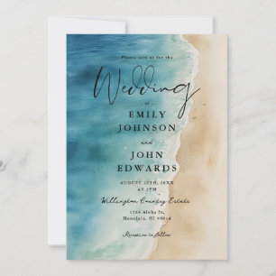 Invitation All In One Watercolor Bleu Ocean Beach Mariage