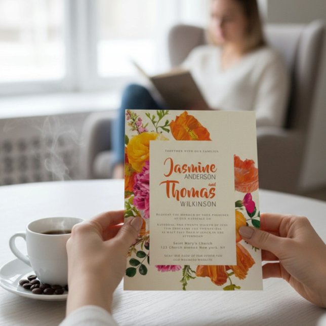 Invitation all in one wedding qr code orange poppy wedding (Créateur téléchargé)