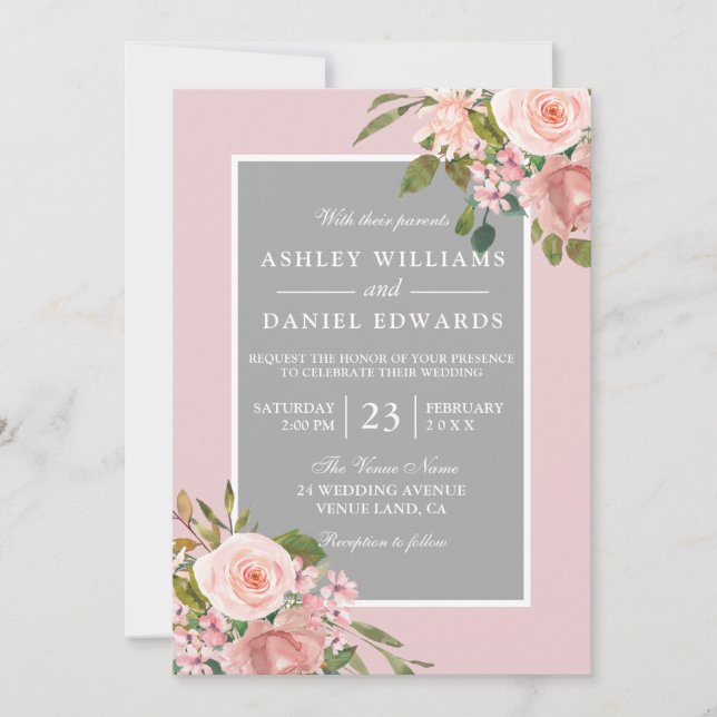 Invitation All Seasons Rose Rose Or Mariage Floral Inviter (Devant)