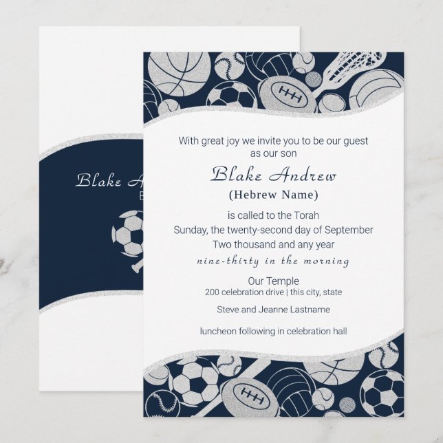 Invitation All Sports Bar Mitzvah Silver Blue (Devant / Derrière)