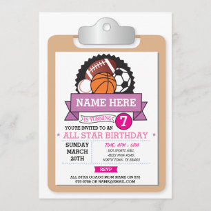 Invitation All Star Sports Party Rose Girls Anniversaire Invi