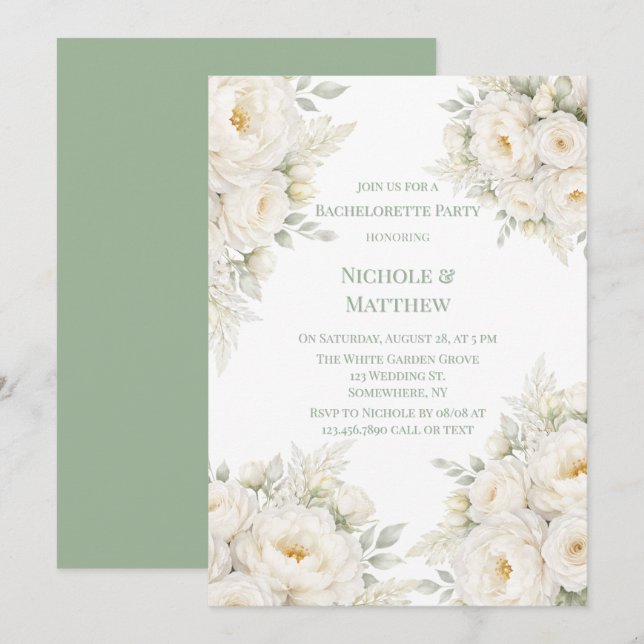 Invitation All White Floral Bachelorette Party (Devant / Derrière)