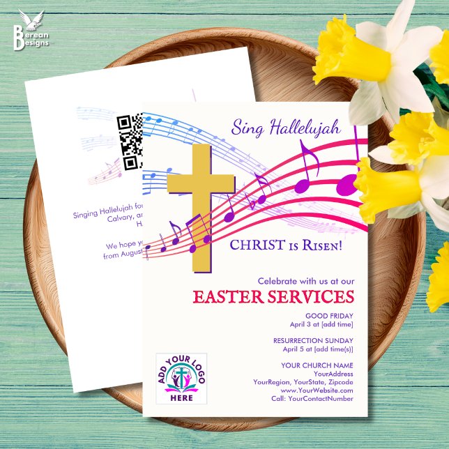Invitation ALLELUJAH LE CHRIST EST RESSUSCITÉ Logo Église de  (Modern SING HALLELUJAH CHRIST IS RISEN Easter Church invitation with custom logo and QR code.)