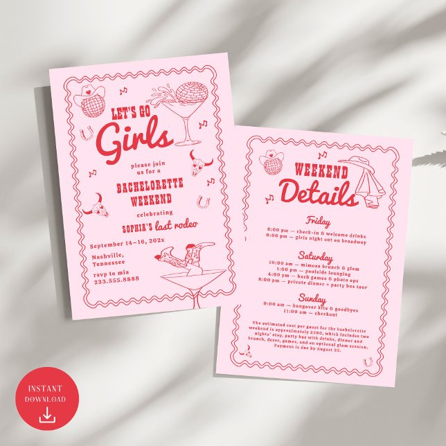 Invitation Allez les filles fille fille rose et rouge Bachelo (Créateur téléchargé)