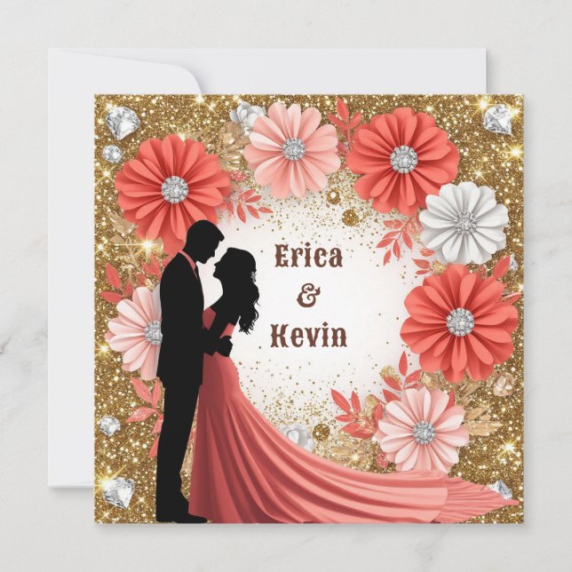 Invitation 💍 Alliance de mariage Fleurs de corail Or Couple  (Devant)
