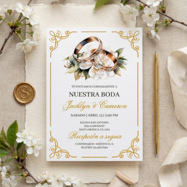 Invitation Alliance Élégante à Fleurs Blanches Mariage Espagn (Créateur téléchargé)