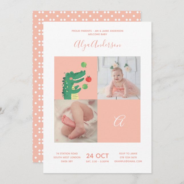 Invitation Alligator ・ Alphabet Monogramme Baby shower mignon (Devant / Derrière)