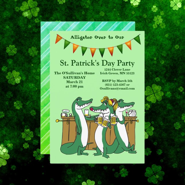 Invitation Alligator de la Saint Patrick à notre parti (St. Patrick's Day Alligator Over to Our Party Invitation)