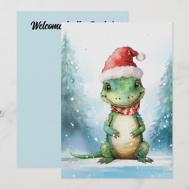 Invitation Alligator Mignon Noël d'Hiver Aquarelle (Devant / Derrière)