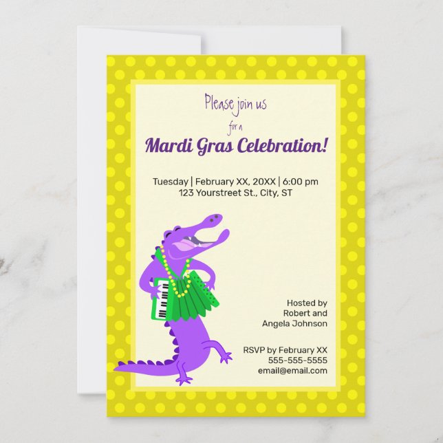 Invitation Alligator violet Mardi Gras (Devant)