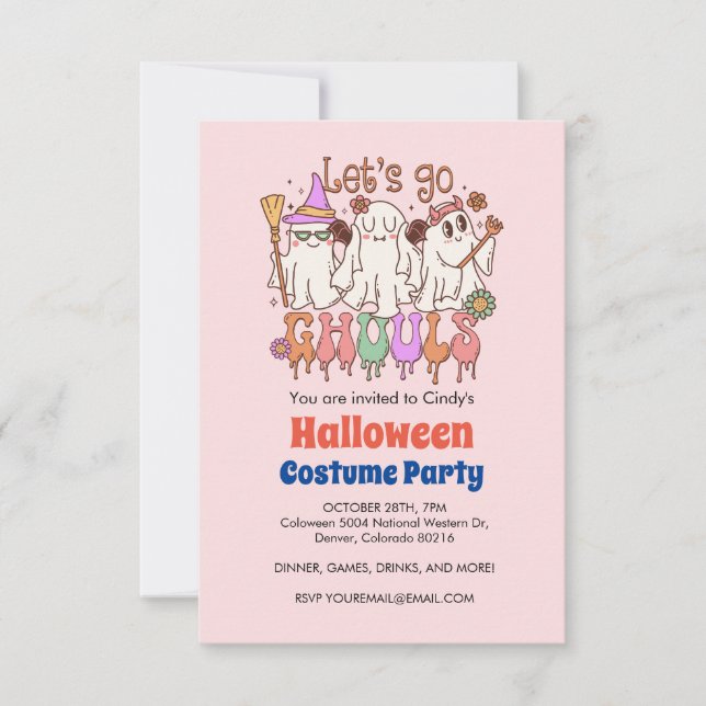 Invitation Allons Gouls, Halloween rose rétro (Devant)