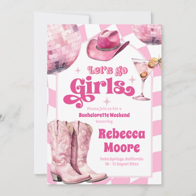 Invitation Allons la fille rose Cowgirl Bachelorette Itinérai (Devant)